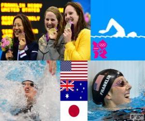 Puzzle Κολύμβηση γυναικών 100 μέτρο αναπήδηση πόντιουμ, Missy Franklin (Ηνωμένες Πολιτείες), Emily Seebohm (Αυστραλία) και Aya Terakawa (Ιαπωνία) - London 2012-